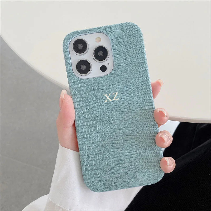 Personalise Gold Silver Initials Letter Leather Case For Iphone 15 14 13 17 pro max 14 16 Plus 17air Luxury Lizard PU Hard Cover