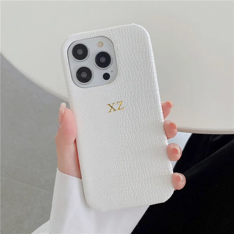 Personalise Gold Silver Initials Letter Leather Case For Iphone 15 14 13 17 pro max 14 16 Plus 17air Luxury Lizard PU Hard Cover
