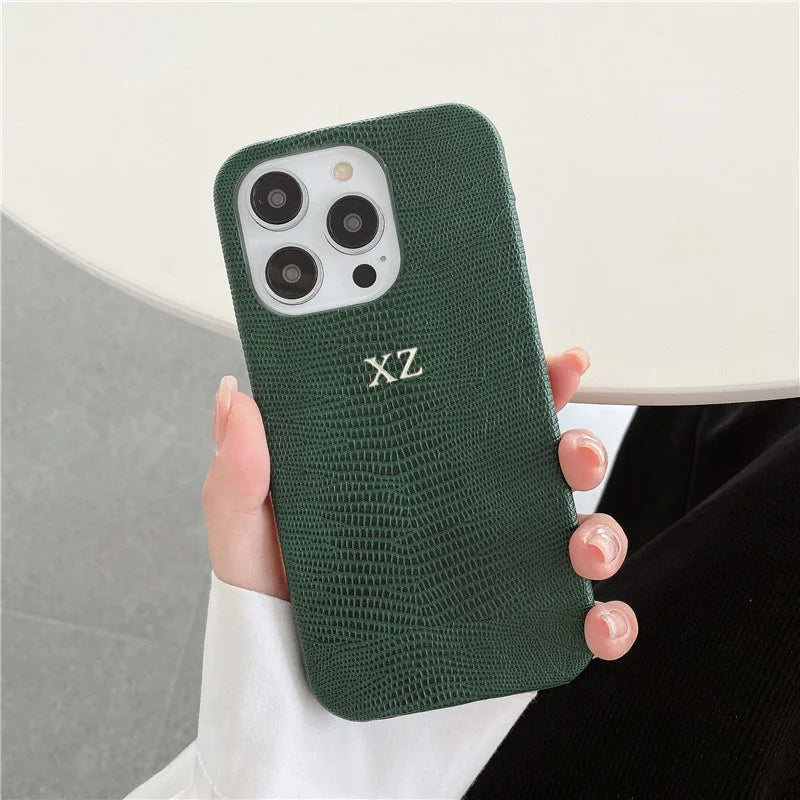 Personalise Gold Silver Initials Letter Leather Case For Iphone 15 14 13 17 pro max 14 16 Plus 17air Luxury Lizard PU Hard Cover
