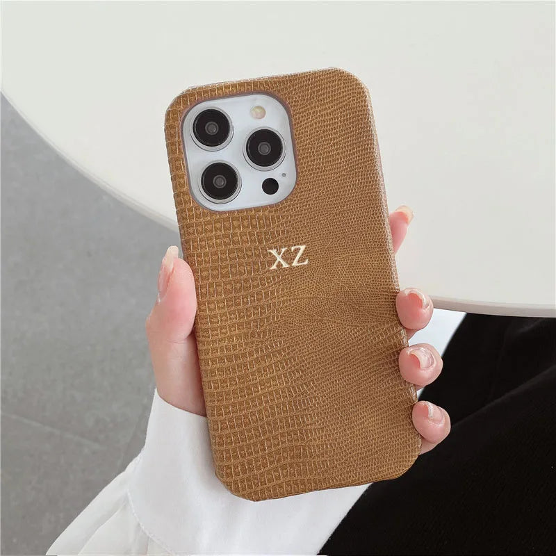 Personalise Gold Silver Initials Letter Leather Case For Iphone 15 14 13 17 pro max 14 16 Plus 17air Luxury Lizard PU Hard Cover
