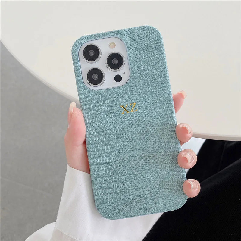 Personalise Gold Silver Initials Letter Leather Case For Iphone 15 14 13 17 pro max 14 16 Plus 17air Luxury Lizard PU Hard Cover