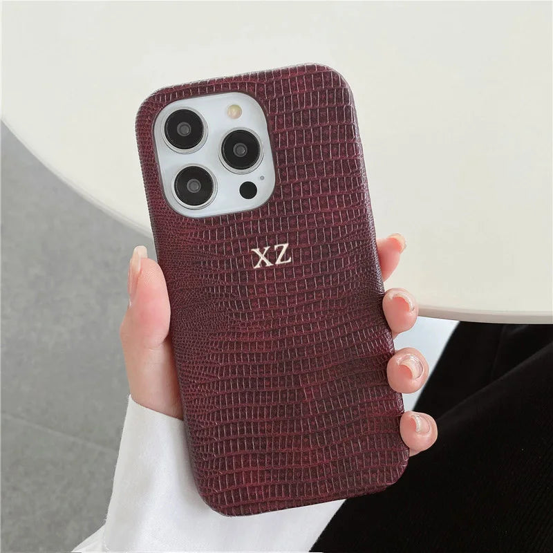 Personalise Gold Silver Initials Letter Leather Case For Iphone 15 14 13 17 pro max 14 16 Plus 17air Luxury Lizard PU Hard Cover