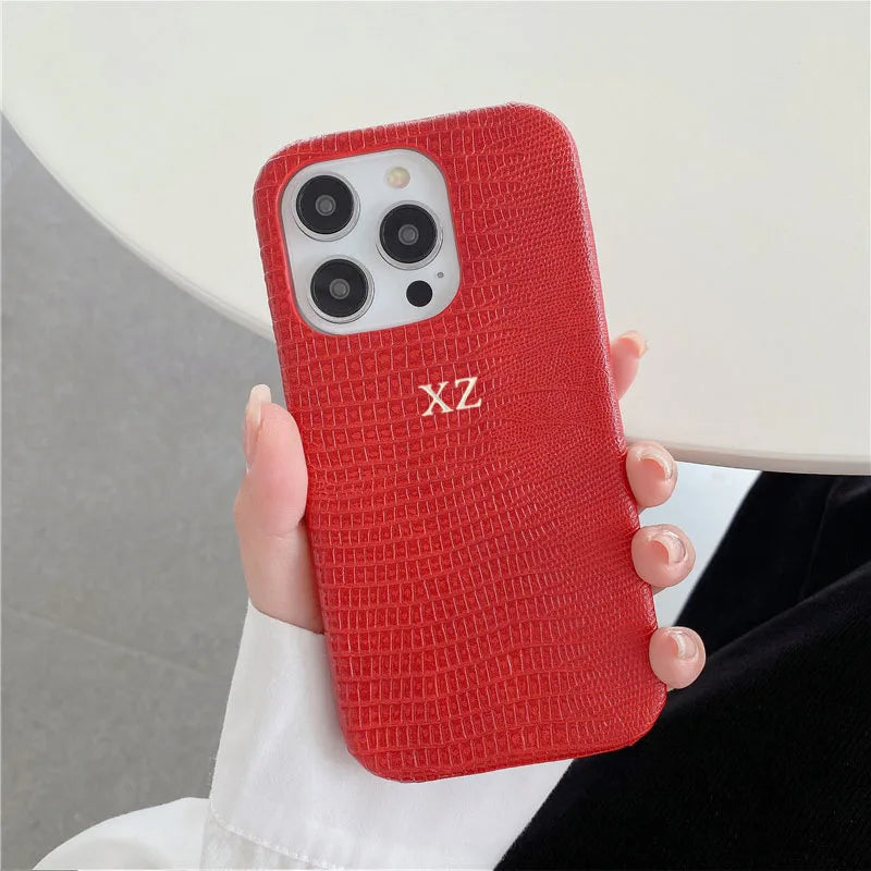 Personalise Gold Silver Initials Letter Leather Case For Iphone 15 14 13 17 pro max 14 16 Plus 17air Luxury Lizard PU Hard Cover