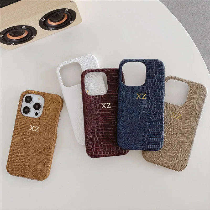 Personalise Gold Silver Initials Letter Leather Case For Iphone 15 14 13 17 pro max 14 16 Plus 17air Luxury Lizard PU Hard Cover