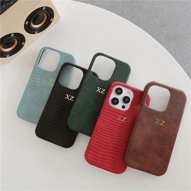 Personalise Gold Silver Initials Letter Leather Case For Iphone 15 14 13 17 pro max 14 16 Plus 17air Luxury Lizard PU Hard Cover