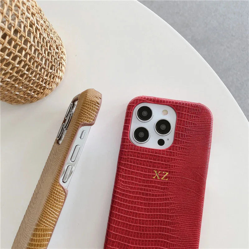 Personalise Gold Silver Initials Letter Leather Case For Iphone 15 14 13 17 pro max 14 16 Plus 17air Luxury Lizard PU Hard Cover