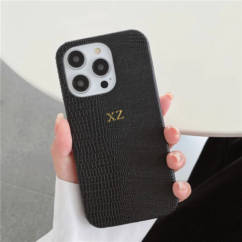 Personalise Gold Silver Initials Letter Leather Case For Iphone 15 14 13 17 pro max 14 16 Plus 17air Luxury Lizard PU Hard Cover