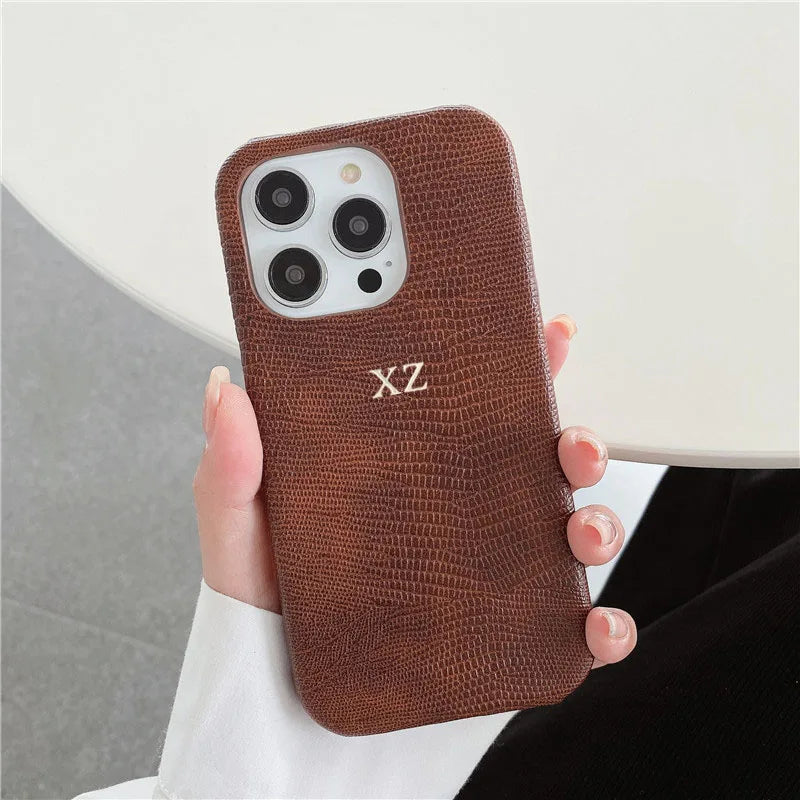 Personalise Gold Silver Initials Letter Leather Case For Iphone 15 14 13 17 pro max 14 16 Plus 17air Luxury Lizard PU Hard Cover